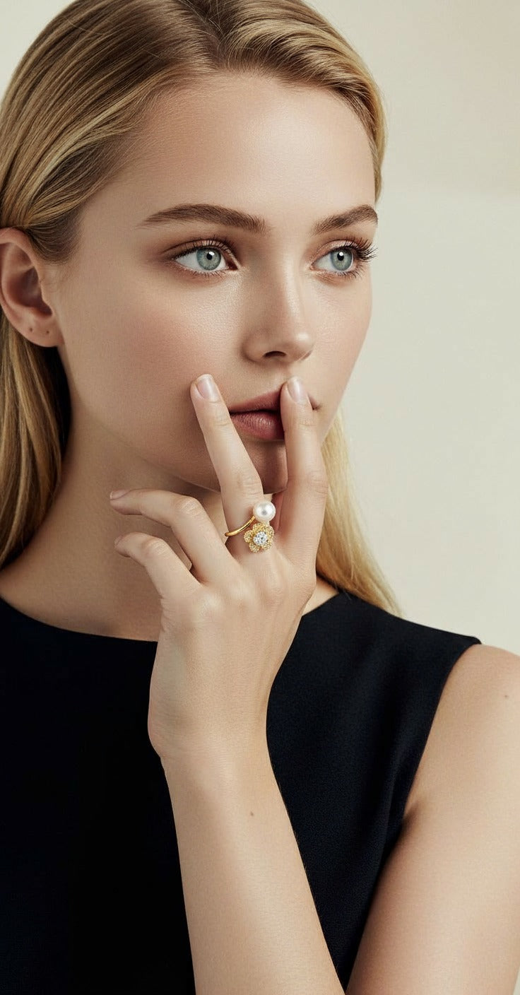 Gold-Plated Adjustable Pearl & Crystal Flower Ring for Women | Yumi Jewels Pakistan